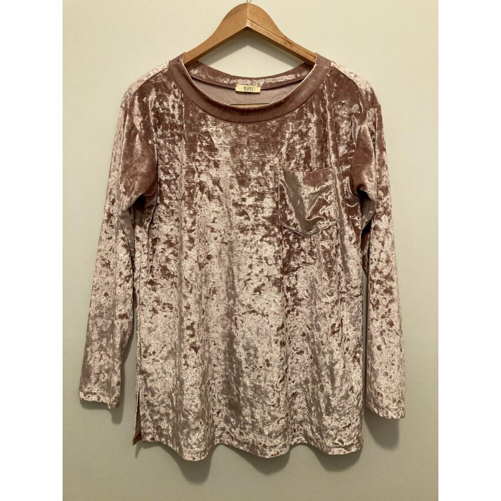 KORI America Top Womens Small Pink Crushed Velvet Long Sleeve Stretch Pocket